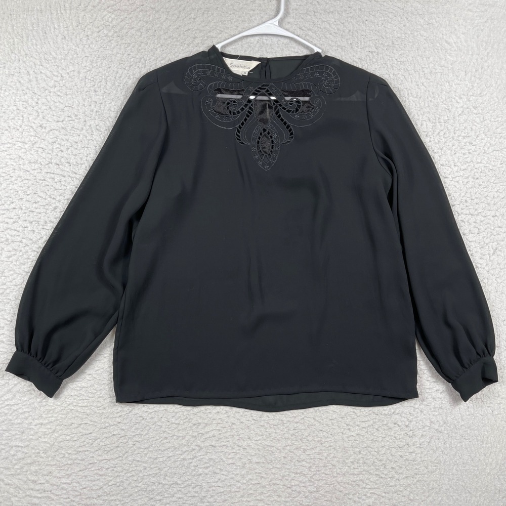 Susan Hutton Blouse Womens 16 Black Long‎ Sleeve Embroidered Cutout Vintage
